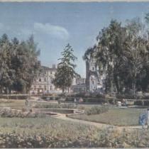 Ogród różany w parku, rok 1961. Pocztówka kolorowana, ponieważ dawna wieża strażacka ma szary kolor